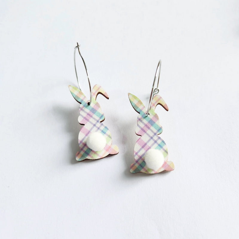 Wholesale Easter cute print spring flowers leopard print egg fur ball tail rabbit earrings